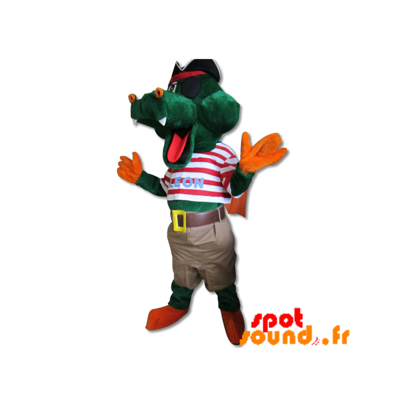 Grön krokodilmaskot i piratdräkt - Spotsound maskot