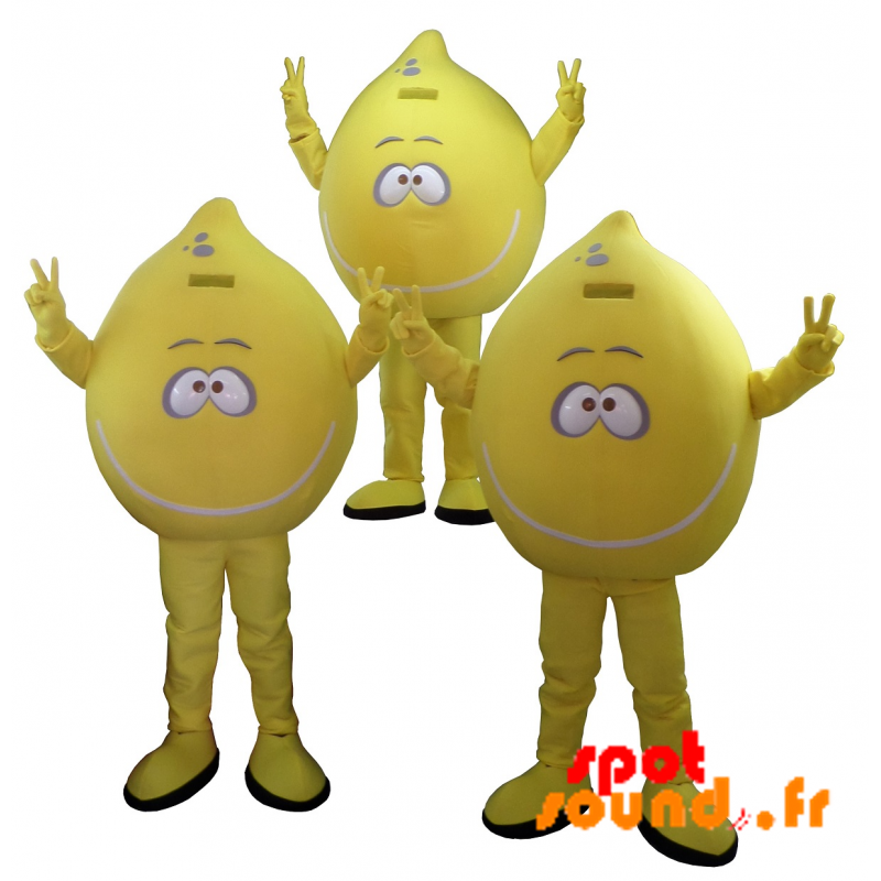 3 maskotter af gule citroner, kæmper. Sæt med 3 maskotter -