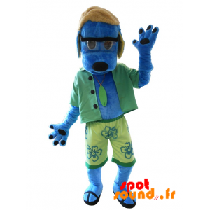 Mascotte de chien bleu en tenue de vacancier. Mascotte d'été