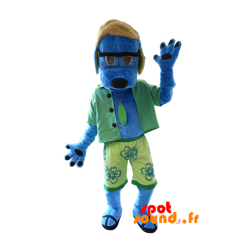 Mascotte de chien bleu en tenue de vacancier. Mascotte d'été
