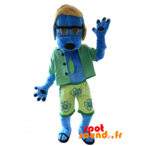 Mascotte de chien bleu en tenue de vacancier. Mascotte d'été