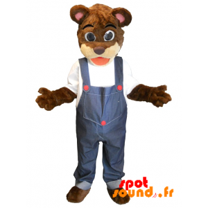 Mascotte de nounours marron et beige en salopette - MASFR034368 - Mascotte d'ours