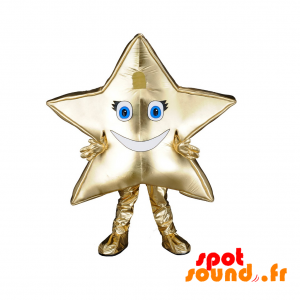 Mascotte d'étoile dorée géante et souriante. Costume d'étoile