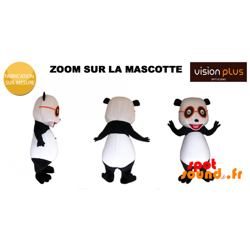 Mascotte de panda géant avec des lunettes orange