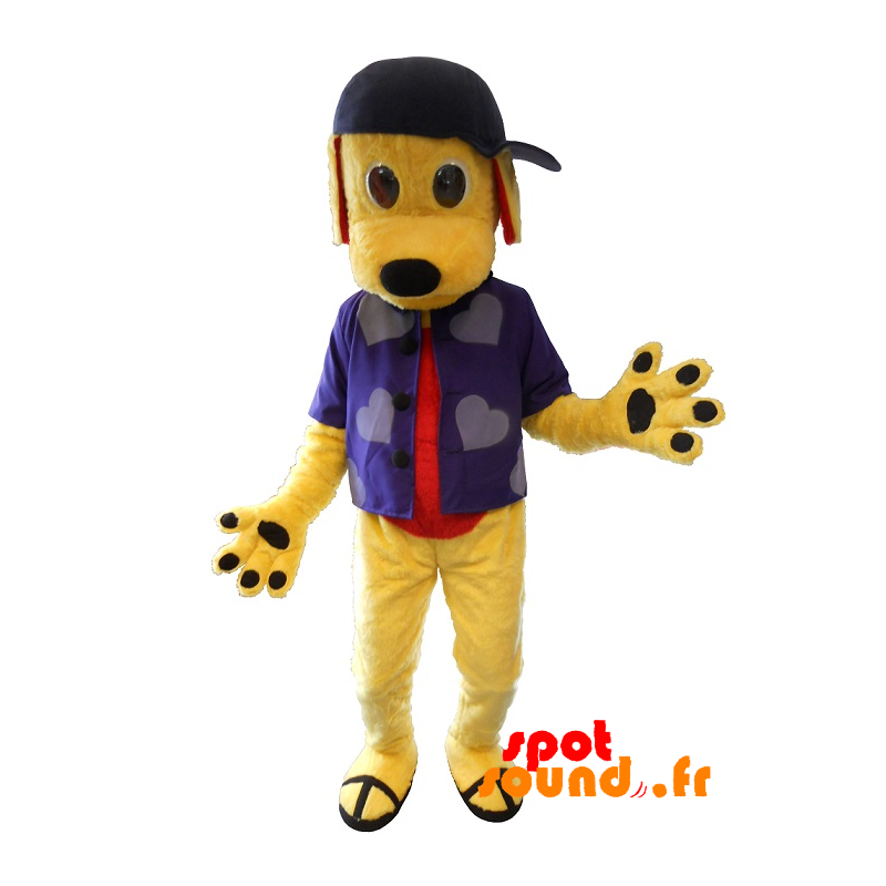 Gul hundemaskot med skjorte og kasket - Spotsound maskot