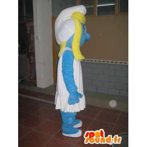 Smurfette Mascote - traje azul, boné branco - transporte rápido - MASFR00503 - Mascottes Les Schtroumpf