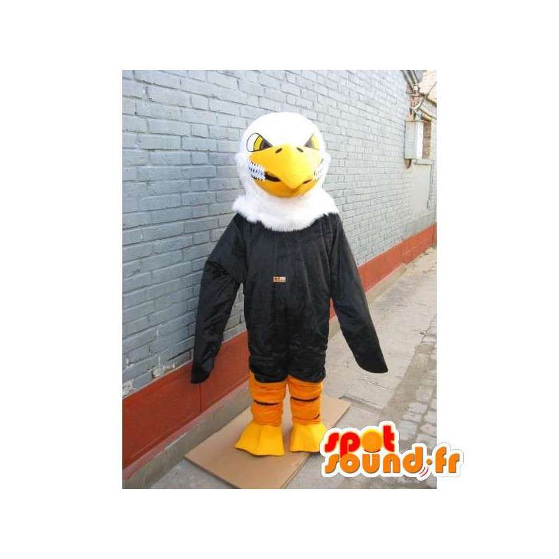 Mascotte aigle classique jaune, noir et blanc avec sourire ravageur - MASFR00226 - Mascotte d'oiseaux