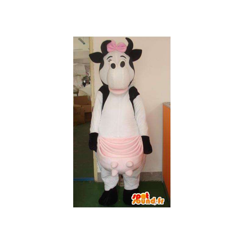 Stor lyserød mælkeko-maskot og feminin med slips - Spotsound