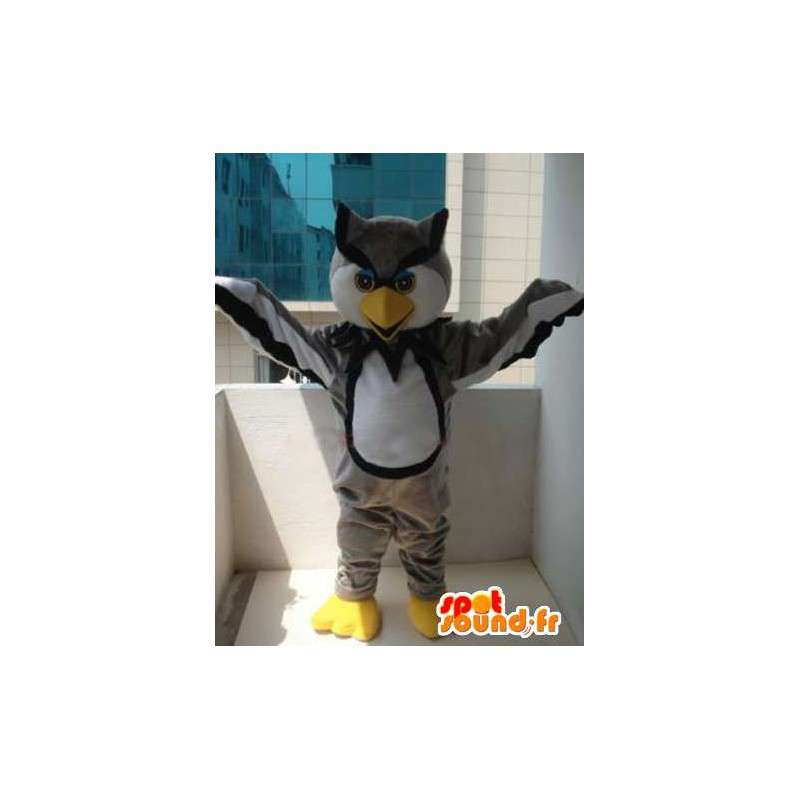 Gray owl mascot majestic and colorful - Plush Grey and yellow - MASFR00330 - Mascot of birds