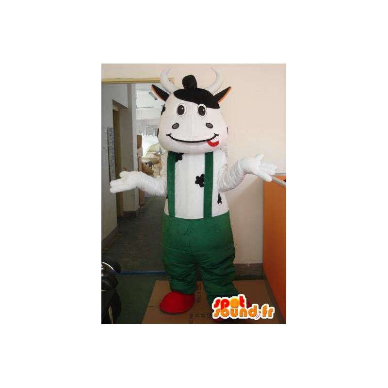 Mascotte vache classique avec pantalon à bretelles vertes - MASFR00321 - Mascottes Vache