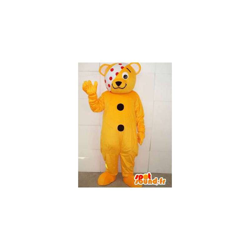 Mascotte nounours jaune malade avec bandeau a petits pois - MASFR00553 - Mascotte d'ours