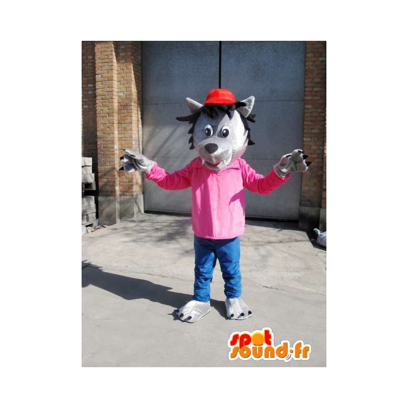 Grauer Wolf-Maskottchen - T-Shirt Pink mit roter Mütze - Disguise - MASFR00576 - Maskottchen-Wolf