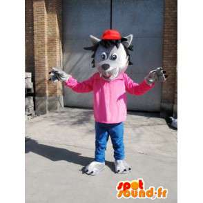 Lobo Gris Mascota - Camiseta rosada con gorra roja - Disfraz - MASFR00576 - Mascotas lobo