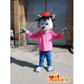 Mascotte Loup Gris - T-Shirt rose avec casquette rouge - Déguisement - MASFR00576 - Mascottes Loup