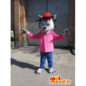 T-Shirt Grey Wolf Mascot - rosa com tampa vermelha - Disguise - MASFR00576 - lobo Mascotes