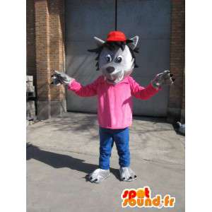 灰色のオオカミのマスコット-赤い帽子のピンクのTシャツ-変装-MASFR00576-オオカミのマスコット