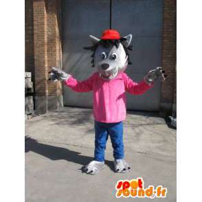 Gray Wolf Mascot T-paita - vaaleanpunainen kanssa punainen lippalakki - Disguise - MASFR00576 - Wolf Maskotteja