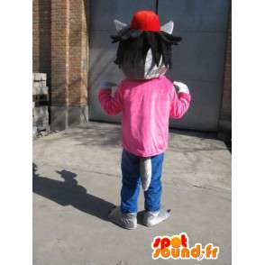 Grauer Wolf-Maskottchen - T-Shirt Pink mit roter Mütze - Disguise - MASFR00576 - Maskottchen-Wolf