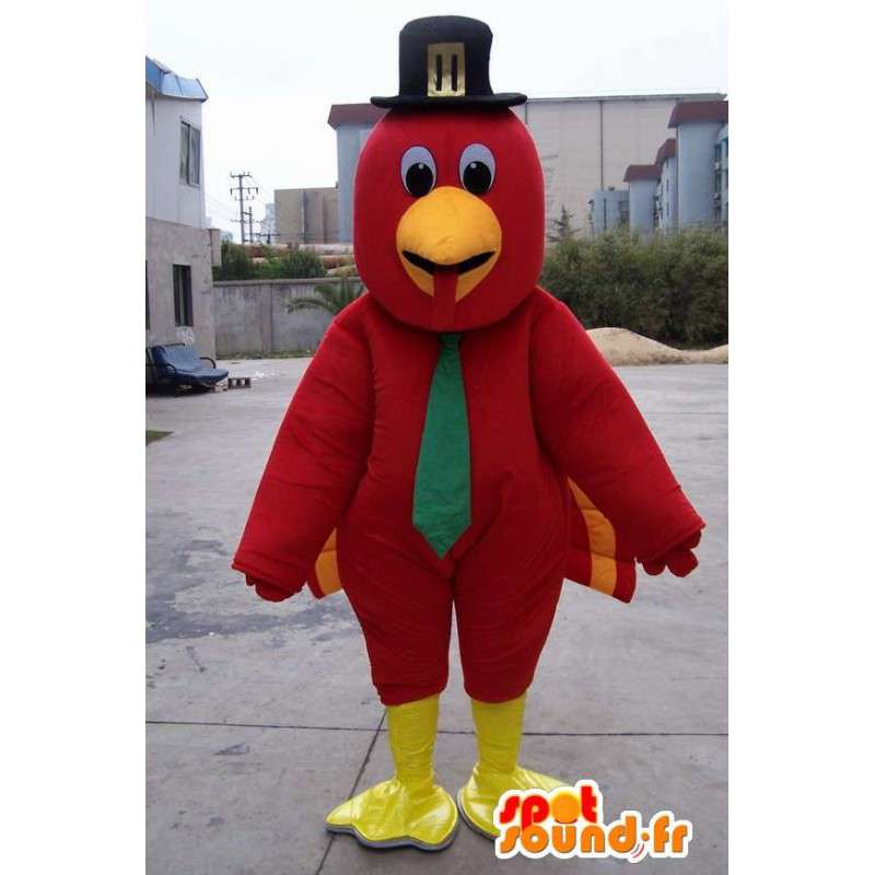 Mascotte Aigle rouge et plumes a chapeau noir et cravate verte - MASFR00581 - Mascotte d'oiseaux