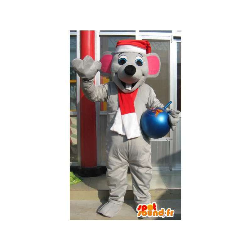 Mascot graue Maus mit Weihnachtsmütze - Kostüm grau Tier - MASFR00620 - Maus-Maskottchen