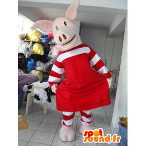 赤い縞模様のドレスとスカートが付いたピンクの豚のマスコット-MASFR00621-豚のマスコット