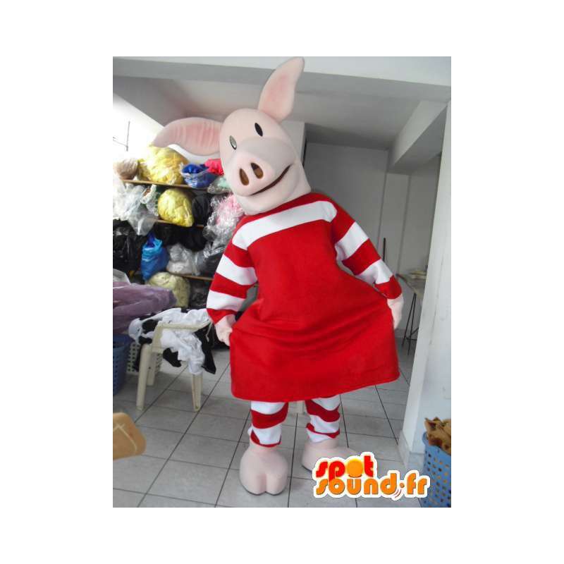 Roze varken mascotte met rode versiering en gestreepte rok - MASFR00621 - Pig Mascottes