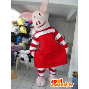 Mascota del cerdo rosado con el vestido rojo a rayas y falda - MASFR00621 - Las mascotas del cerdo