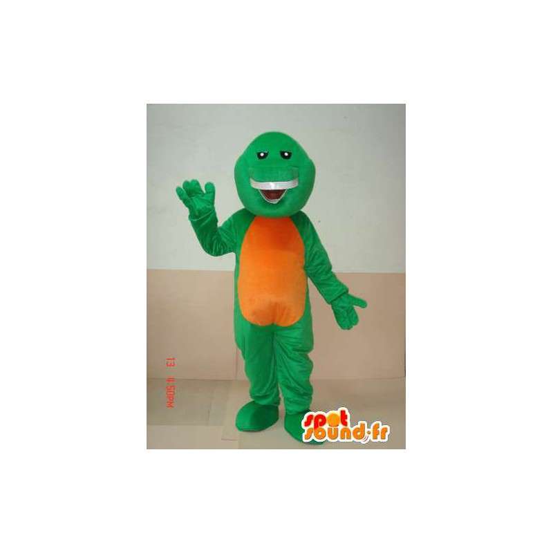 Mascot réptil verde e laranja sorridente - suporte especial - MASFR00624 - mascotes répteis