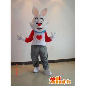 Kaninmaskot i farve - Kostume hvid, rød, grå med hjerte -