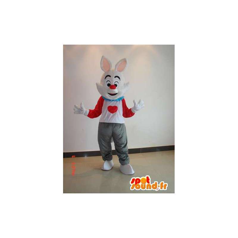 Kaninmaskot i farve - Kostume hvid, rød, grå med hjerte -