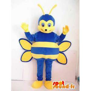 Blå og gul stribet bi maskot. Insekt kostume - Spotsound maskot