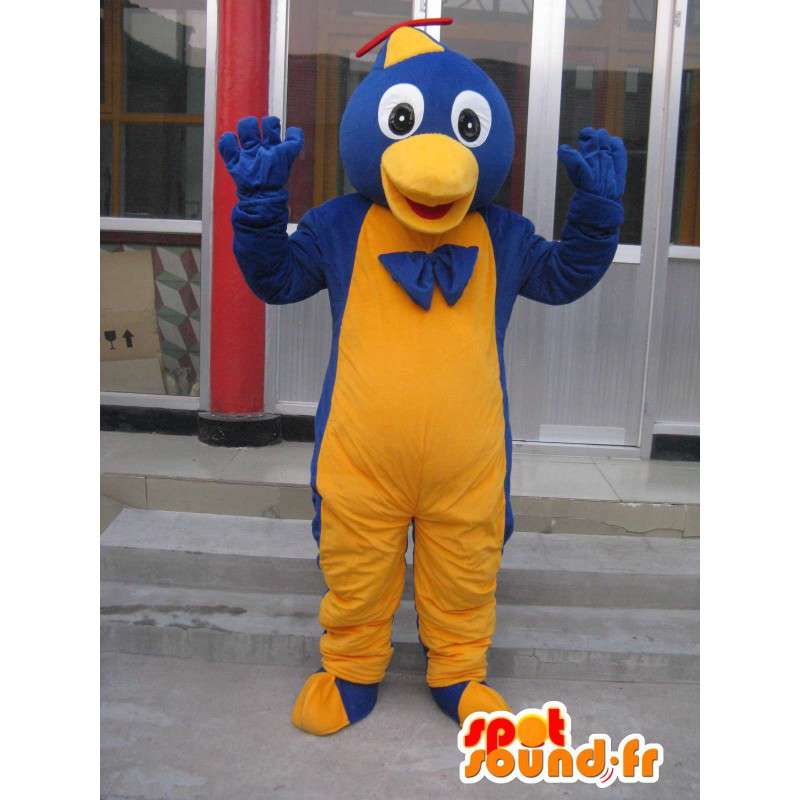 Mascotte oiseau intelligent jaune et bleue avec casquette geek - MASFR00633 - Mascotte d'oiseaux