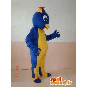 Mascot pájaro inteligente con el amarillo y el azul friki sombrero - MASFR00633 - Mascota de aves