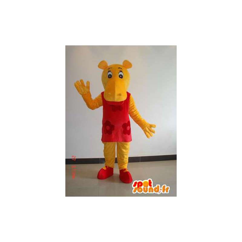 Mascot hipopótamo fêmea amarela com vestido vermelho - partido do traje - MASFR00639 - hipopótamo Mascotes