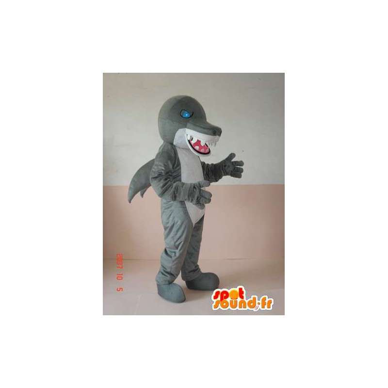Mascotte de méchant dinosaure requin gris et blanc avec yeux bleu - MASFR00640 - Mascottes Dinosaure