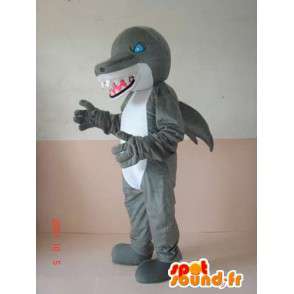 Mascot desagradável cinza dinossauro tubarão e branco com olhos azuis - MASFR00640 - Mascot Dinosaur