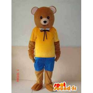 Maskot medvěd hnědý se žlutými a modrými doplňky. příroda - MASFR00647 - Bear Mascot