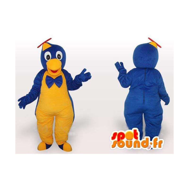 Mascotte oiseau à salopette jaune et bleue et casquette hélicoptère - MASFR00649 - Mascotte d'oiseaux