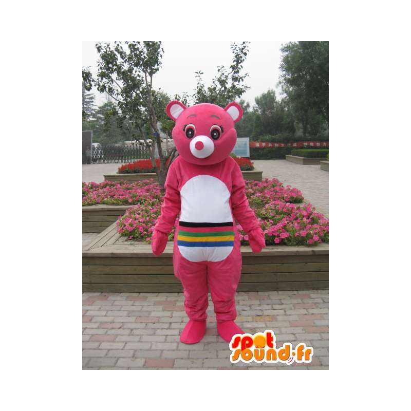 Mascotte ours rose avec rayures multicouleurs - Personnalisable - MASFR00665 - Mascotte d'ours
