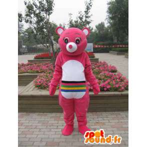 Mascotte ours rose avec rayures multicouleurs - Personnalisable - MASFR00665 - Mascotte d'ours