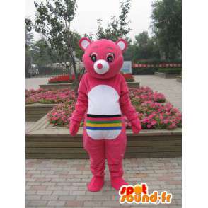 Pink bjørnemaskot med flerfarvede striber - kan tilpasses -