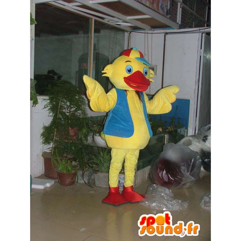Gele eend mascotte met blauwe en rode kleur en cap - MASFR00671 - Mascot eenden