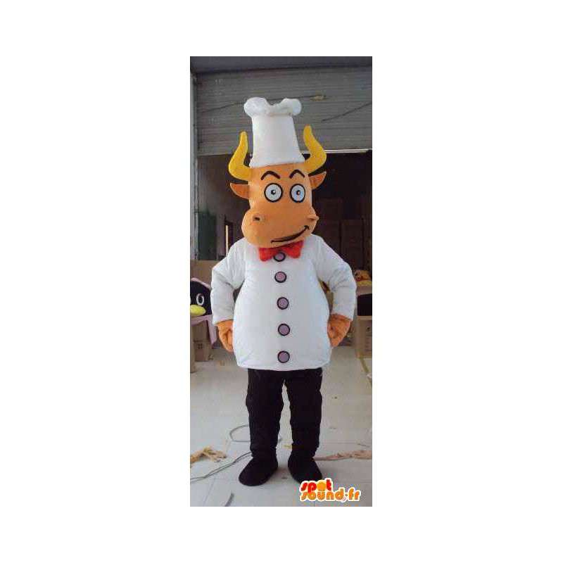 Mascotte boeuf cuisinier avec ses accessoires de chef blancs - MASFR00672 - Mascottes Vache