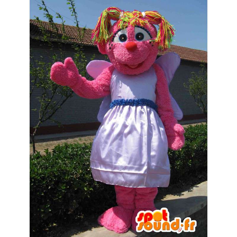 Mascotte peluche rose avec chevelure en pagaille multicouleurs - MASFR00673 - Mascottes non-classées