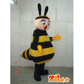 Bee μασκότ με μεγάλο κίτρινο και μαύρο ριγέ στήθος έξω - MASFR00682 - Bee μασκότ