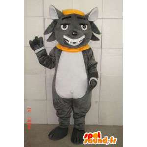 Mascot gato gris con una sonrisa encantadora y accesorios - MASFR00684 - Mascotas gato