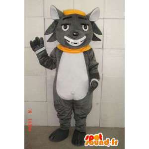 魅力的な笑顔とそのアクセサリーを備えた灰色の猫のマスコット-MASFR00684-猫のマスコット