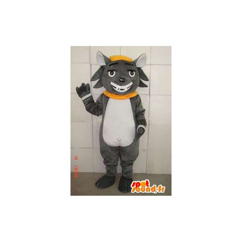 Mascot gato gris con una sonrisa encantadora y accesorios - MASFR00684 - Mascotas gato