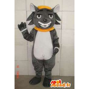 Mascotte de chat gris avec sourire charmeur et ses accessoires - MASFR00684 - Mascottes de chat