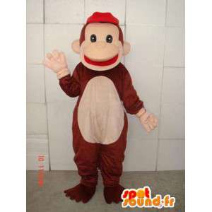 Macaco mascote castanho e beige com tampão vermelho - Mascotes macacos - MASFR00686 - SpotSound.fr